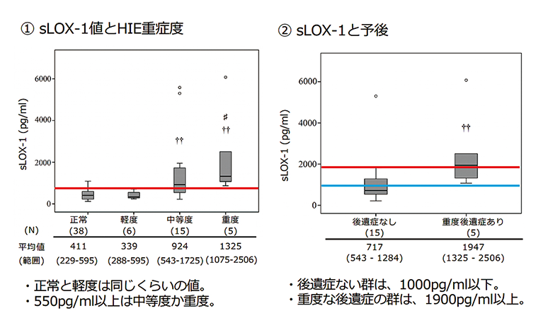 生後6時間以内に採血したsLOX-1値は、重症度、低体温治療適用、予後と相関することを示すグラフ