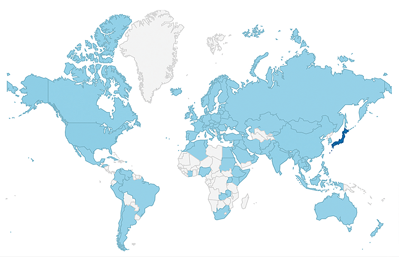教育ビデオ公開サイトにアクセスがあった国々の地図