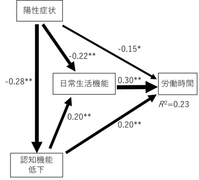 図1：統合失調症患者における陽性症状・認知機能低下・日常生活機能・労働時間の関連構造