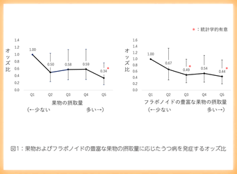  野菜・果物およびフラボノイド豊富な果物とうつ病との関連について　果物およびフラボノイドの豊富な果物にうつ病発症リスク低減を確認