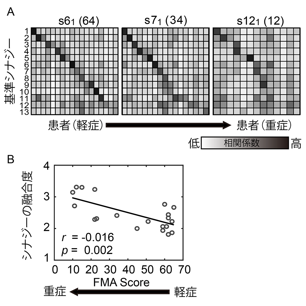 図２：重症度に応じた（基準シナジーからの）筋シナジーの変化のグラフ