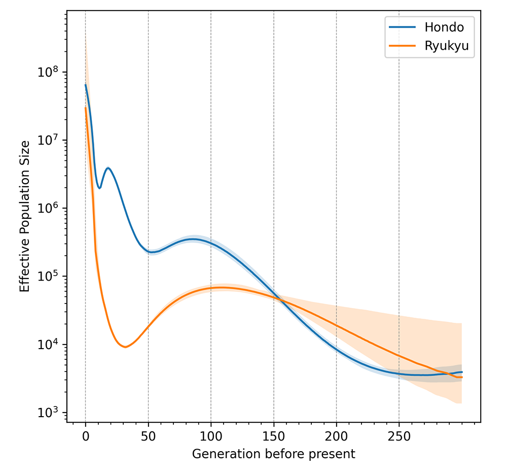 図2 ゲノム情報から推定した沖縄と本土の過去の人口変化